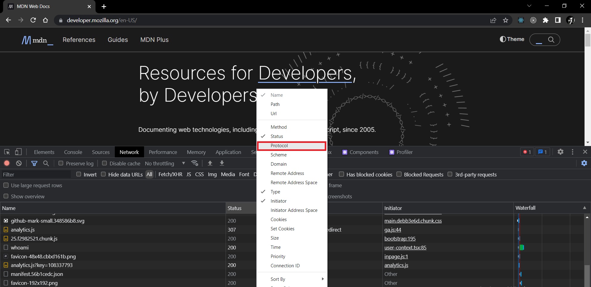 http2 developer console network tab protocol